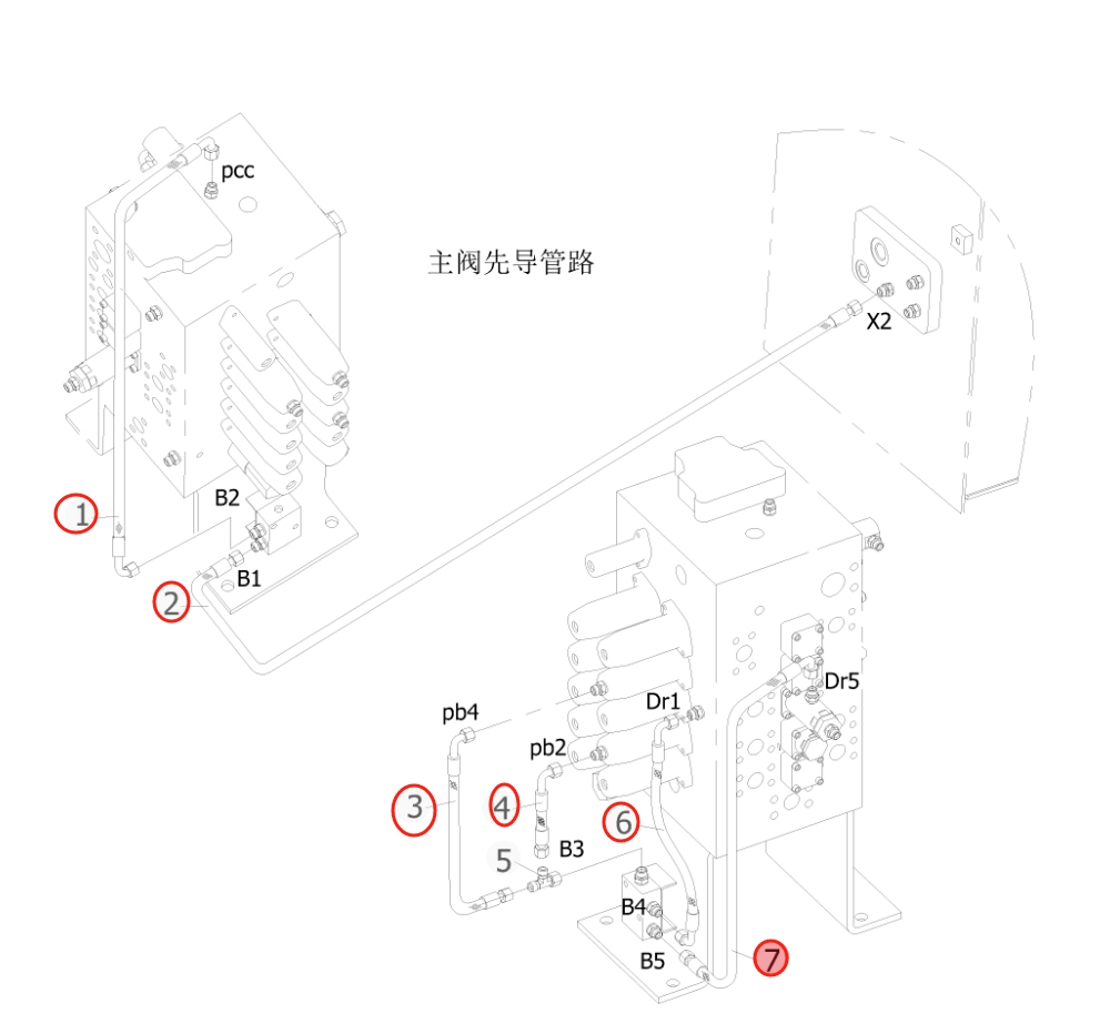Sunward SWE215E installation diagram showing hydraulic hose 730502000463 at Pipe No. 7