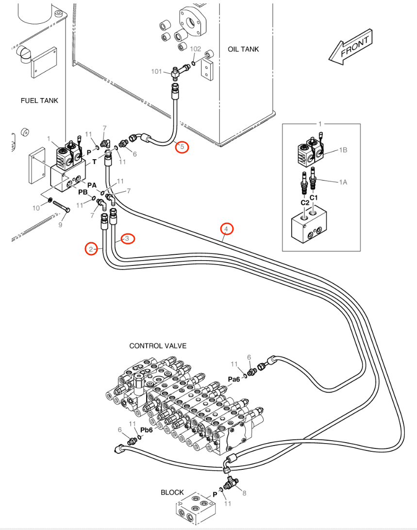Doosan DX55W installation diagram showing hydraulic hose DS2093181 at Pipe No. 3