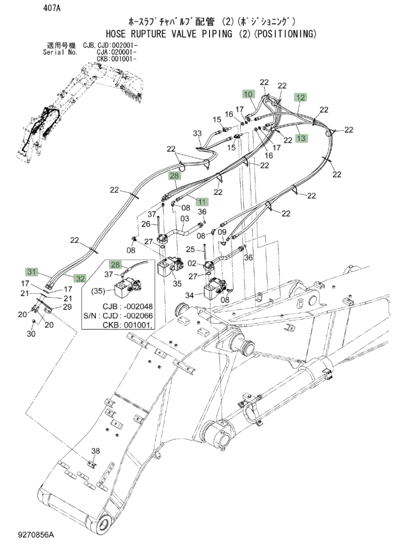 Hitachi ZX220W-3 installation diagram showing hydraulic hose 4674168 at Pipe No. 31A