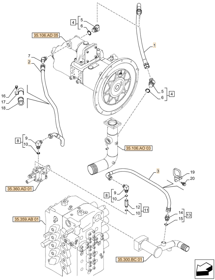 Case CX500D LC installation diagram showing hydraulic hose KAJ3619 at Pipe No. 3
