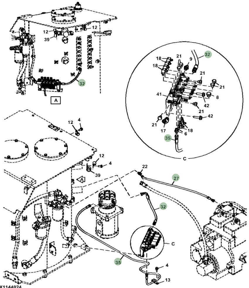 Hitachi ZX470LC-5G installation diagram showing hydraulic hose 4713477 at Pipe No. 32