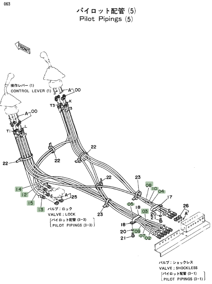 Hitachi EX300LC installation diagram showing hydraulic hose 4203027 at Pipe No. 13