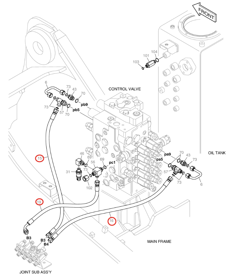 Doosan DX160LC-5 installation diagram showing hydraulic hose DS2121113 at Pipe No. 19