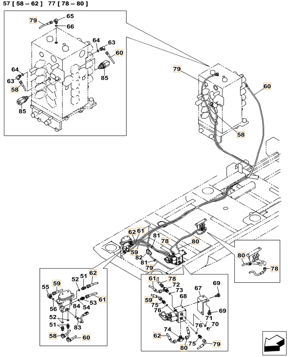 Case CX500C LC ME installation diagram showing hydraulic hose KHJ2086 at Pipe No. 80