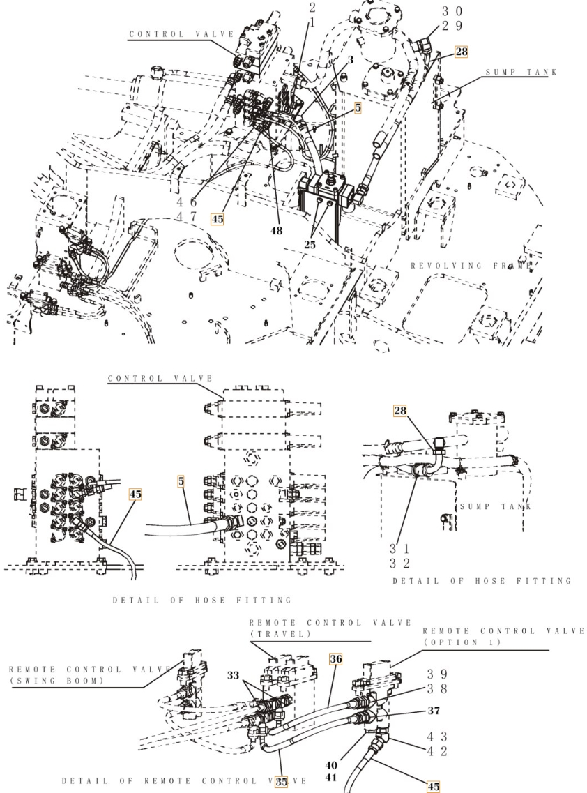 Case CX80 installation diagram showing hydraulic hose KHJ2058 at Pipe No. 45