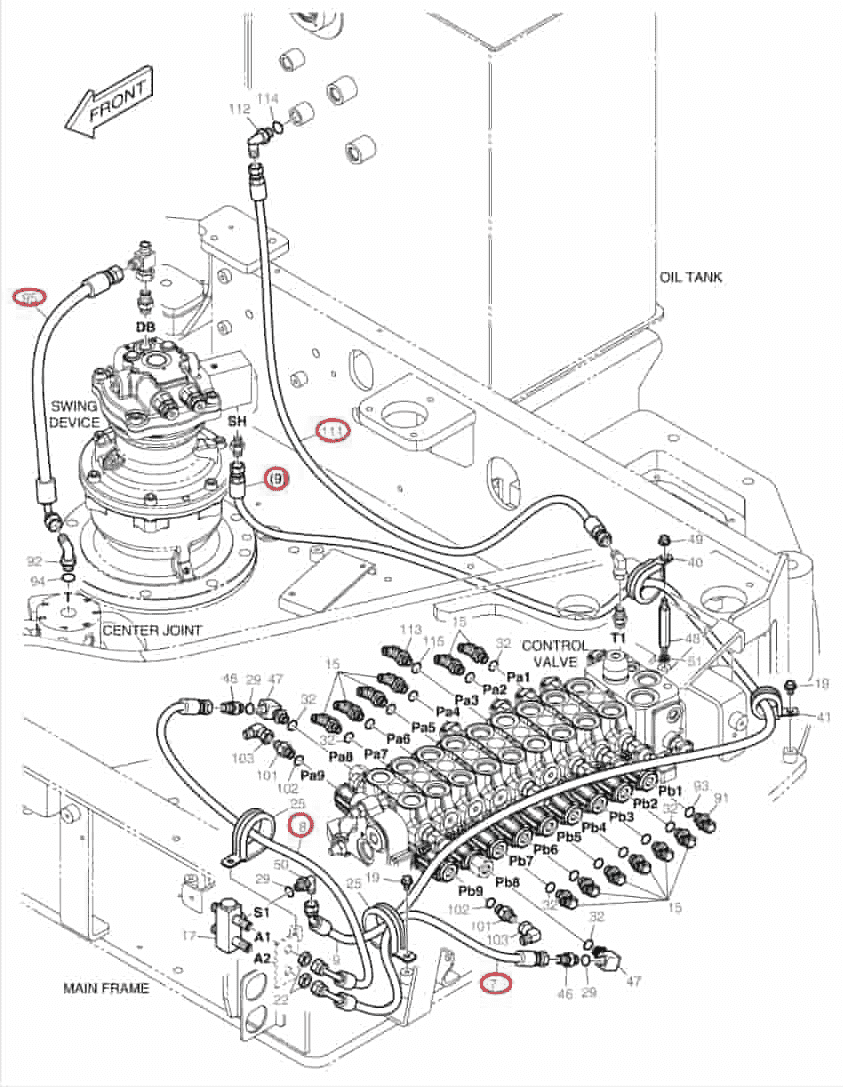 Doosan DX85R-3 installation diagram showing hydraulic hose DS2095098 at Pipe No. 95