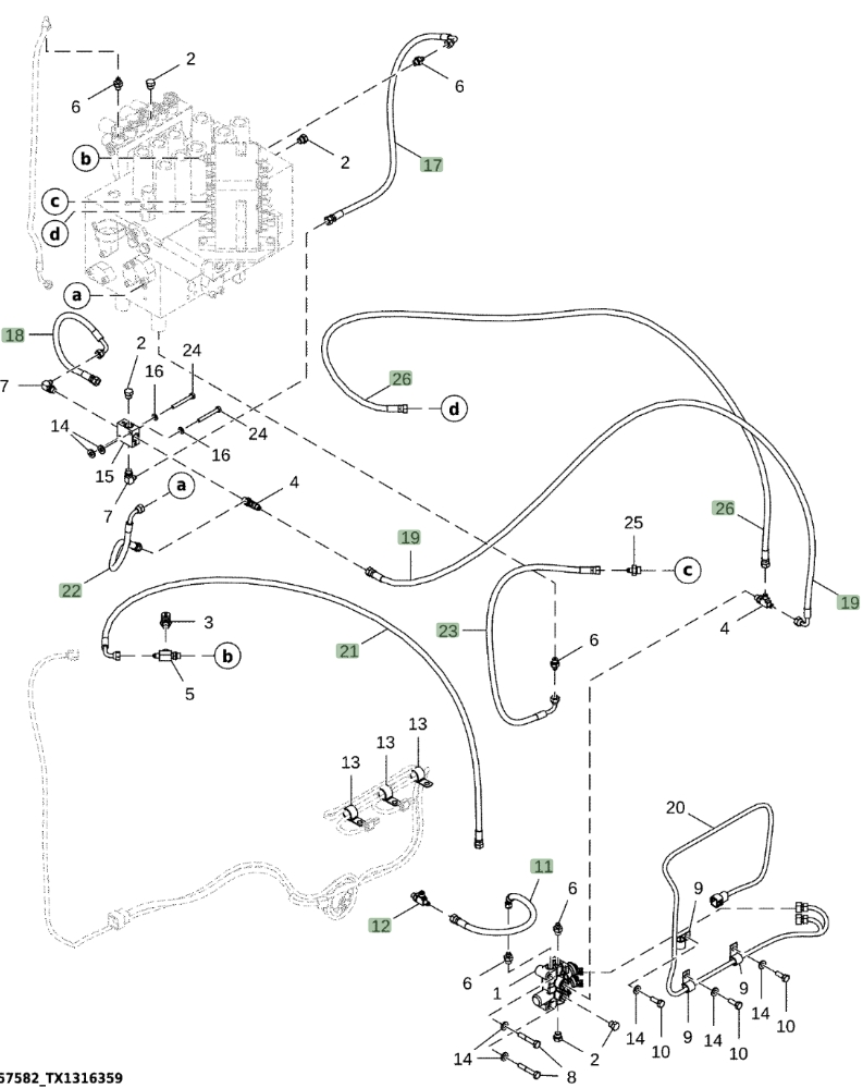 Hitachi ZX380LC-6N installation diagram showing hydraulic hose 4276003 at Pipe No. 19
