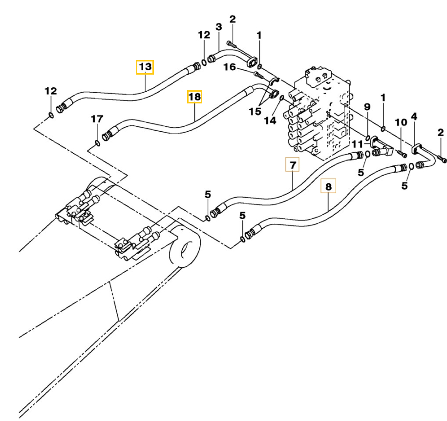 Case CX370B installation diagram showing hydraulic hose KSJ13730 at Pipe No. 8