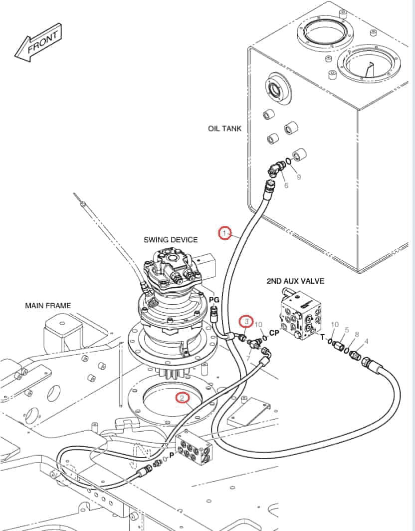 Doosan DX85R-3 installation diagram showing hydraulic hose DS2053748 at Pipe No. 1