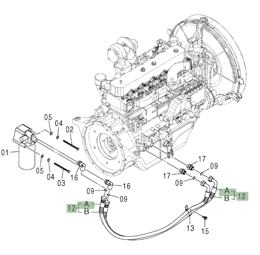 Hitachi ZX210W installation diagram showing hydraulic hose 4627096 at Pipe No. 12A
