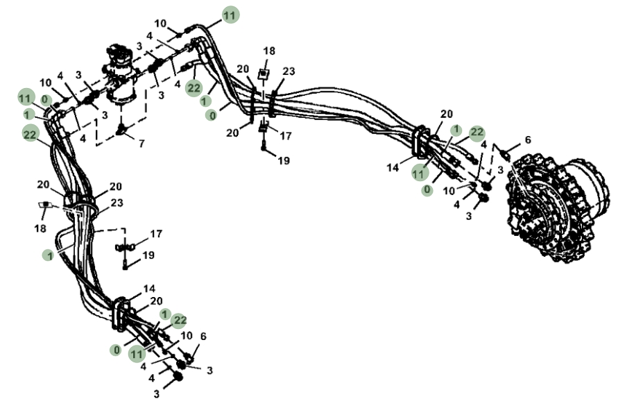 Hitachi ZX160LC-5N installation diagram showing hydraulic hose 4643671 at Pipe No. 1