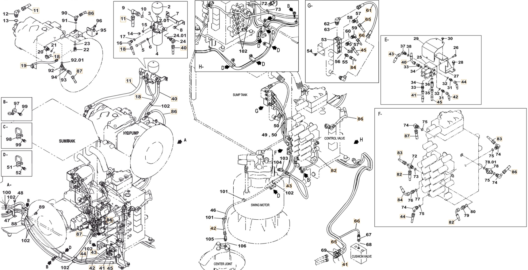 Case CX350C-8 installation diagram showing hydraulic hose KAJ3184 at Pipe No. 45
