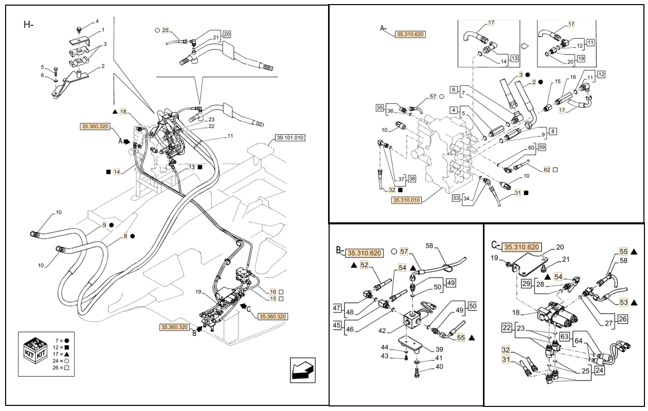 Case CX80C installation diagram showing hydraulic hose KHJ2047 at Pipe No. A62-H25