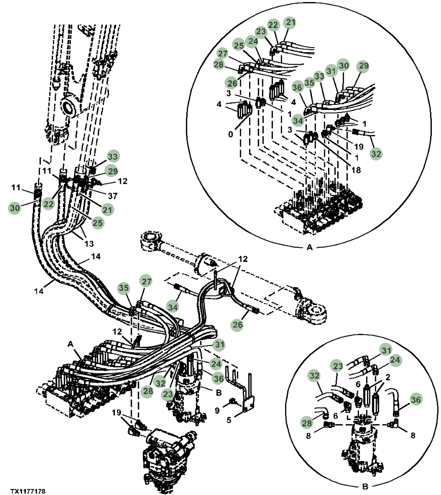 Hitachi ZX26U-5N installation diagram showing hydraulic hose 4305222 at Pipe No. 32