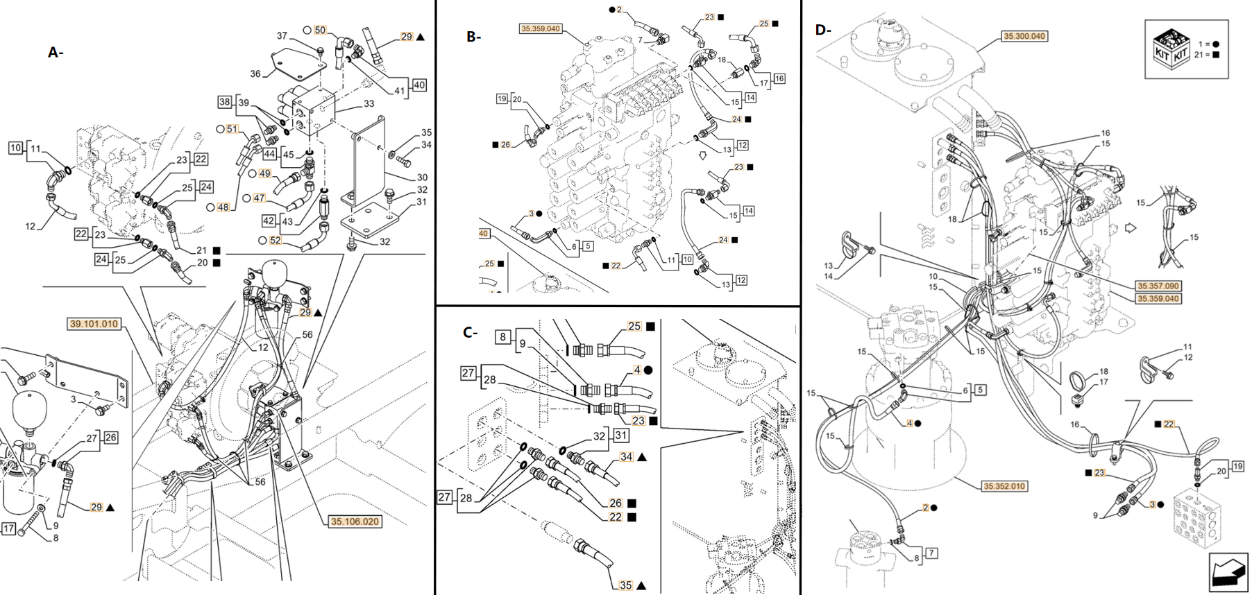 Case CX240E NHD installation diagram showing hydraulic hose KHJ2068 at Pipe No. D22-C34