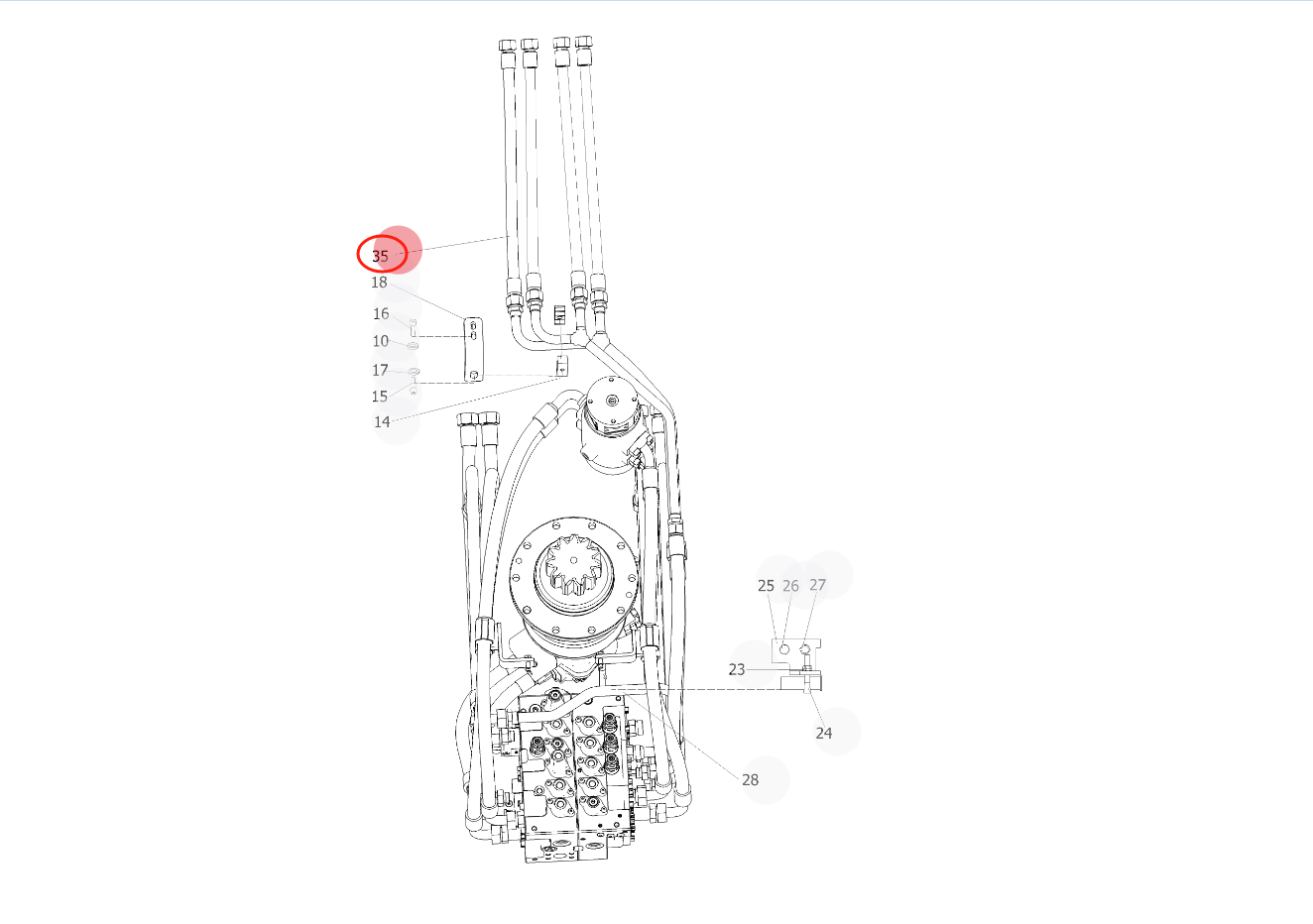 Sunward SWE135E-3H installation diagram showing hydraulic hose 730501005409 at Pipe No. 35