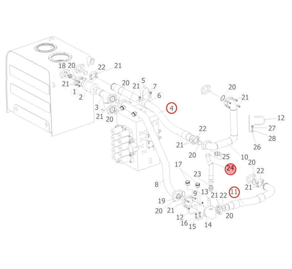 Sunward SWE500ES installation diagram showing hydraulic hose 730502006629 at Pipe No. 11