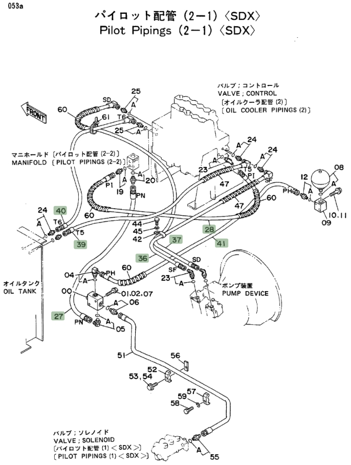 Hitachi EX100 installation diagram showing hydraulic hose 4200498 at Pipe No. 28