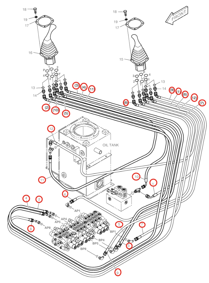 Doosan DX18 installation diagram showing hydraulic hose 2184-1249D11 at Pipe No. 11