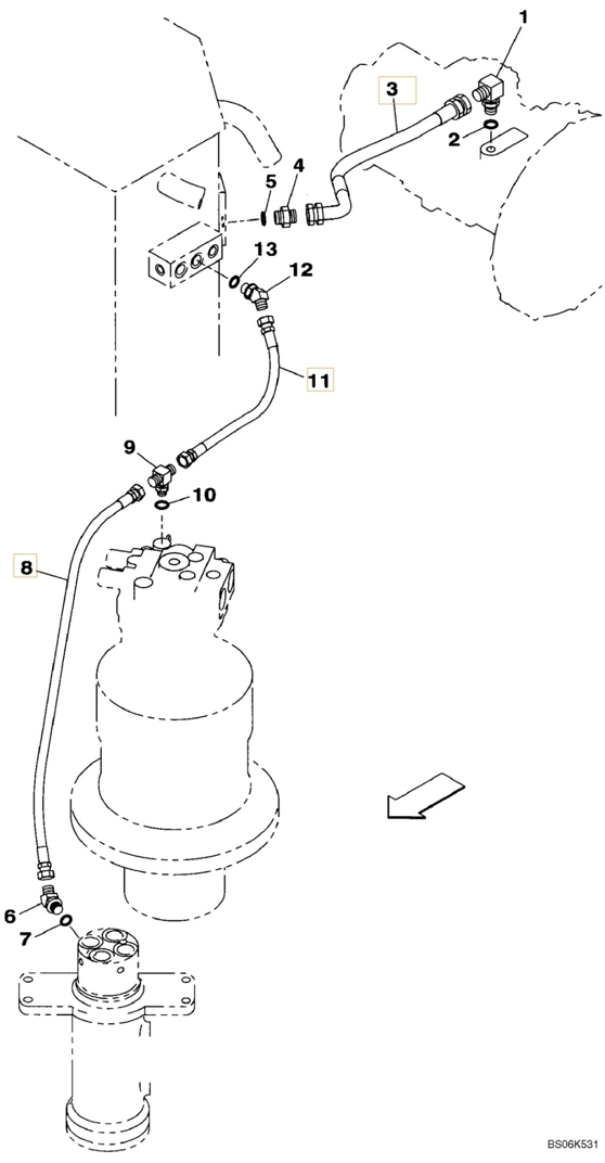 Case CX210BLR installation diagram showing hydraulic hose 163805A1 at Pipe No. 8
