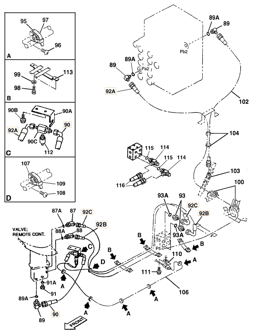 Case CX240 installation diagram showing hydraulic hose 159019A1 at Pipe No. 92C