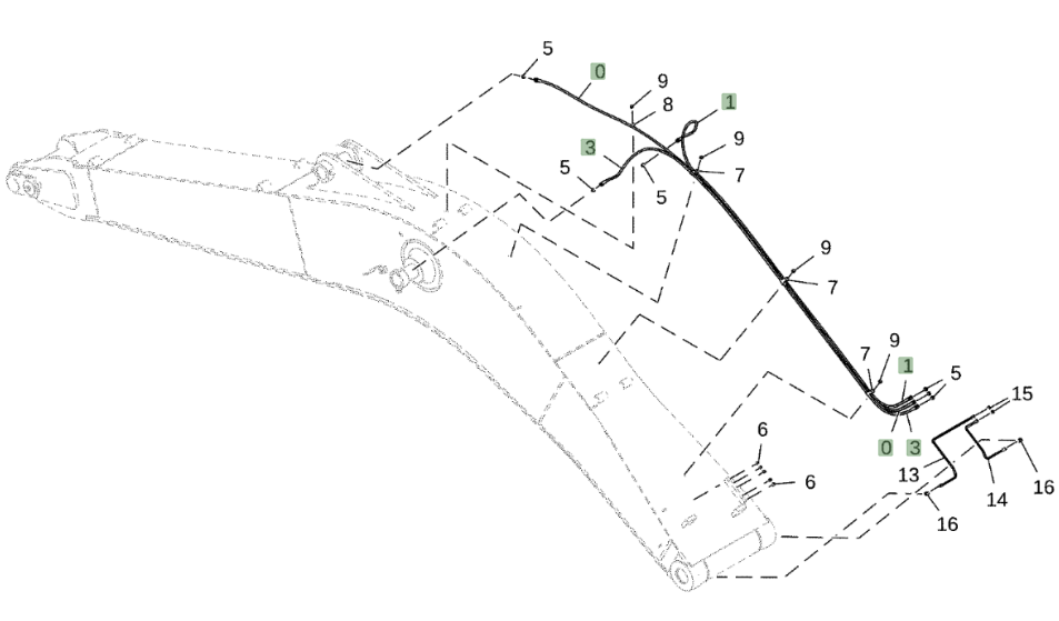 Hitachi ZX250LC-6N installation diagram showing hydraulic hose 4631051 at Pipe No. 1