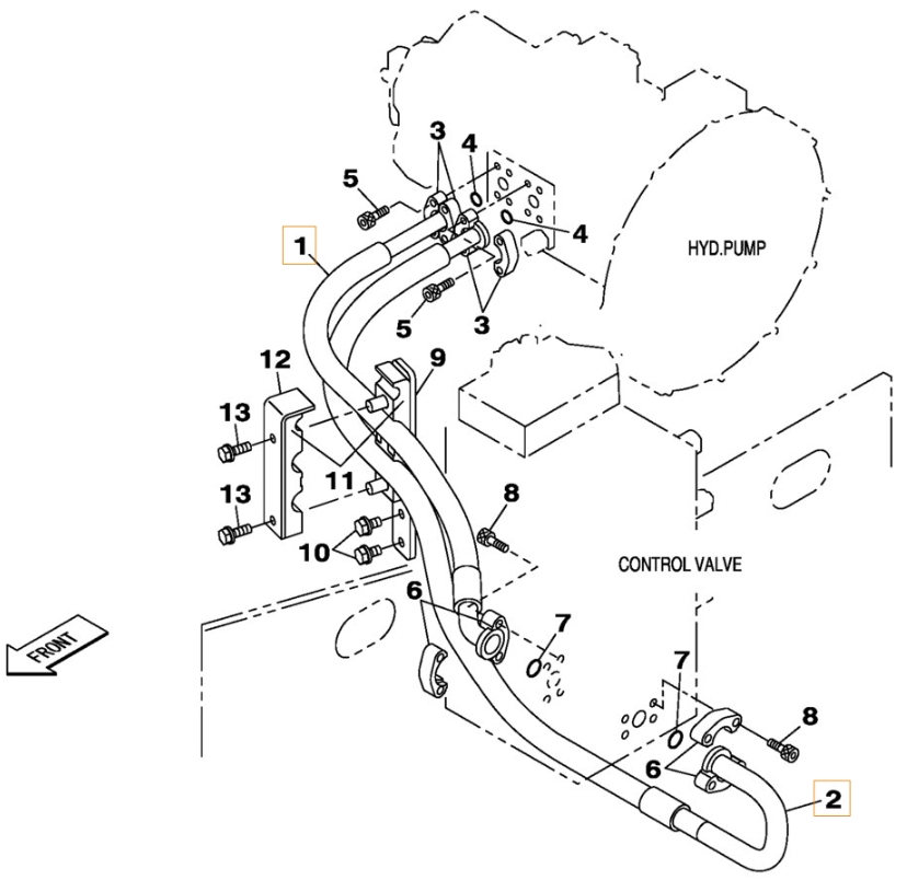 Case CX210C LR installation diagram showing hydraulic hose KRJ16320 at Pipe No. 1