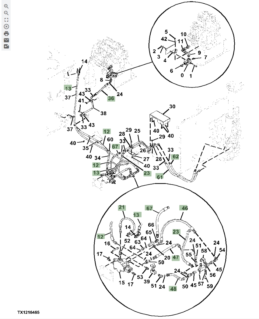 Hitachi ZX670LC-5B installation diagram showing hydraulic hose 4606397 at Pipe No. 67