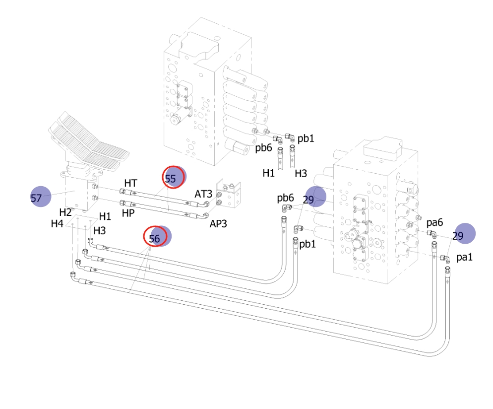 Sunward SWE210 installation diagram showing hydraulic hose 730502000390 at Pipe No. 56