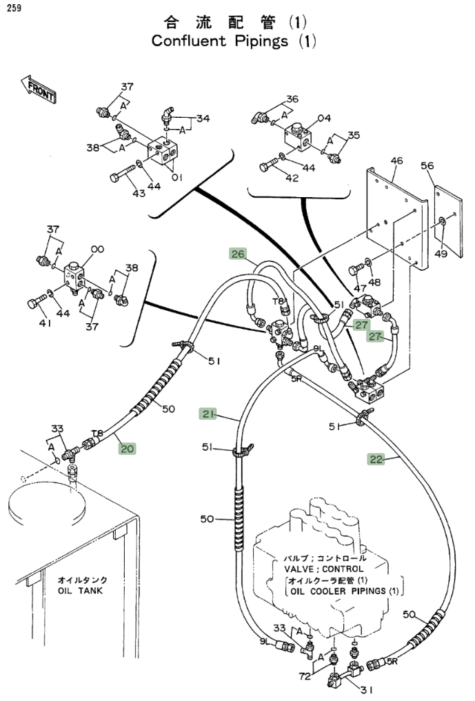 Hitachi EX300LC installation diagram showing hydraulic hose 4213401 at Pipe No. 26