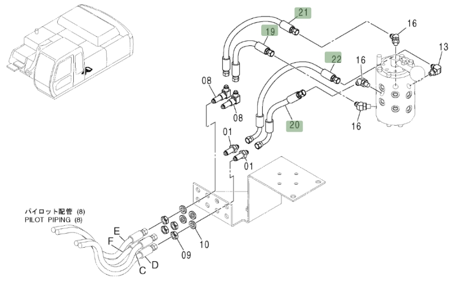 Hitachi ZX370 installation diagram showing hydraulic hose 4454736 at Pipe No. 21