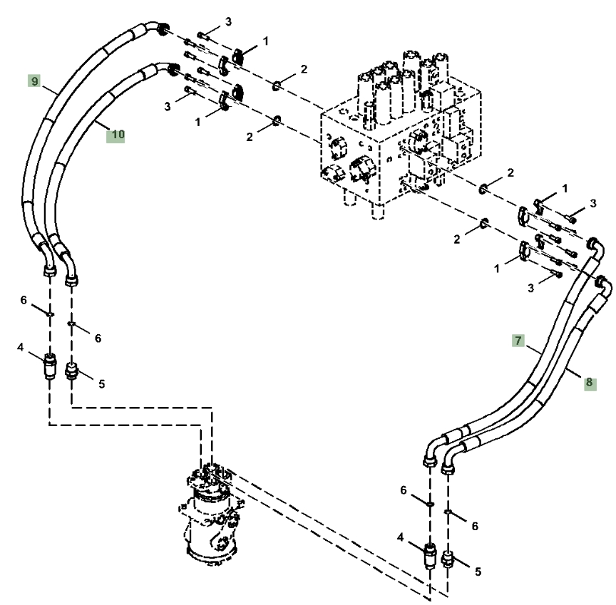 Hitachi ZX160LC-5G installation diagram showing hydraulic hose 4643290 at Pipe No. 7