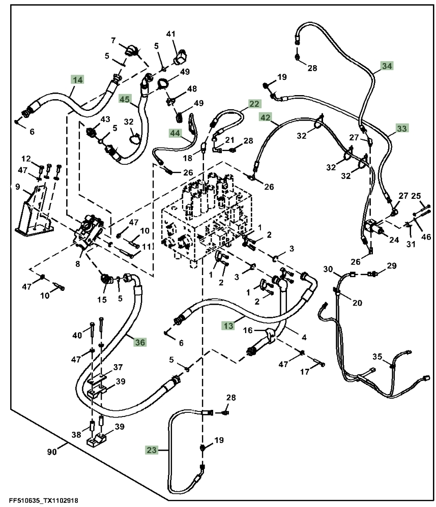 Hitachi ZX180LC-5N installation diagram showing hydraulic hose 4663174 at Pipe No. 13