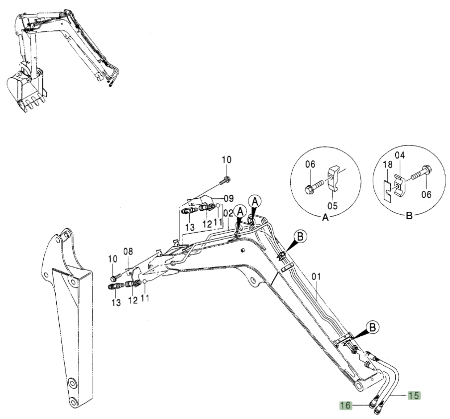 Hitachi ZX50U installation diagram showing hydraulic hose 4426461 at Pipe No. 16