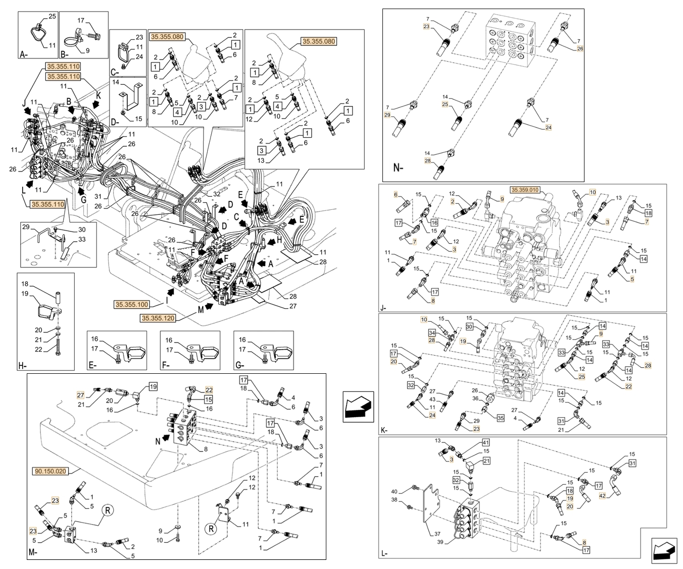 Case CX145D SR LC installation diagram showing hydraulic hose KHJ2190 at Pipe No. J7