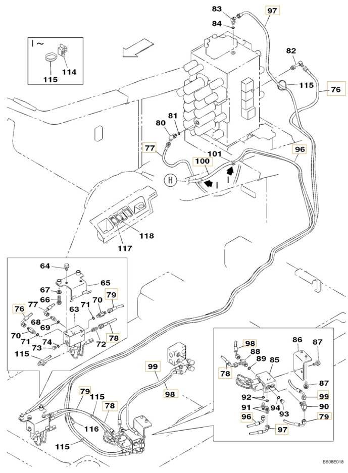 Case CX350B installation diagram showing hydraulic hose KHJ2048 at Pipe No. 99