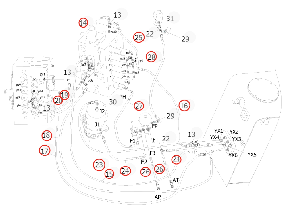 Sunward SWE500E-3 installation diagram showing hydraulic hose 730502001042 at Pipe No. 17