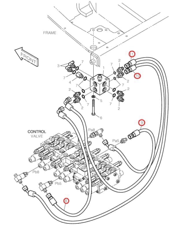 Doosan DX35Z installation diagram showing hydraulic hose DS2093123 at Pipe No. 8