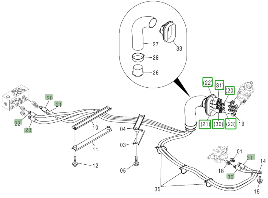 Hitachi ZX370 installation diagram showing hydraulic hose 4456557 at Pipe No. 20