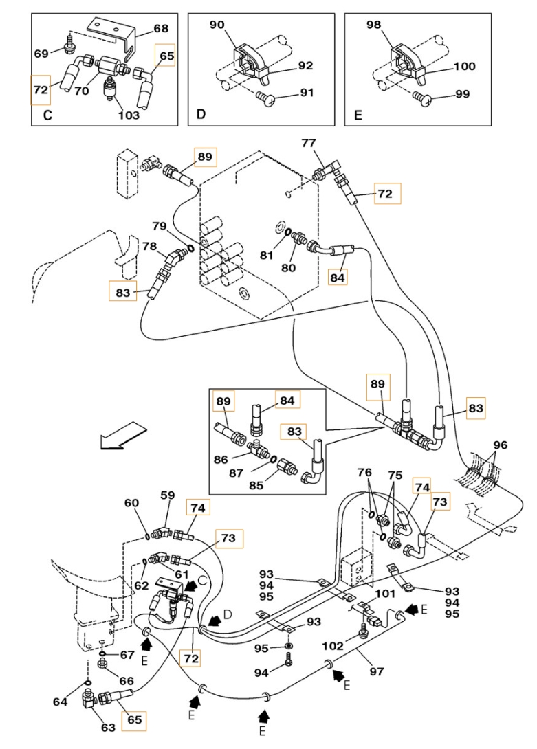 Case CX160 installation diagram showing hydraulic hose 164236A1 at Pipe No. 73