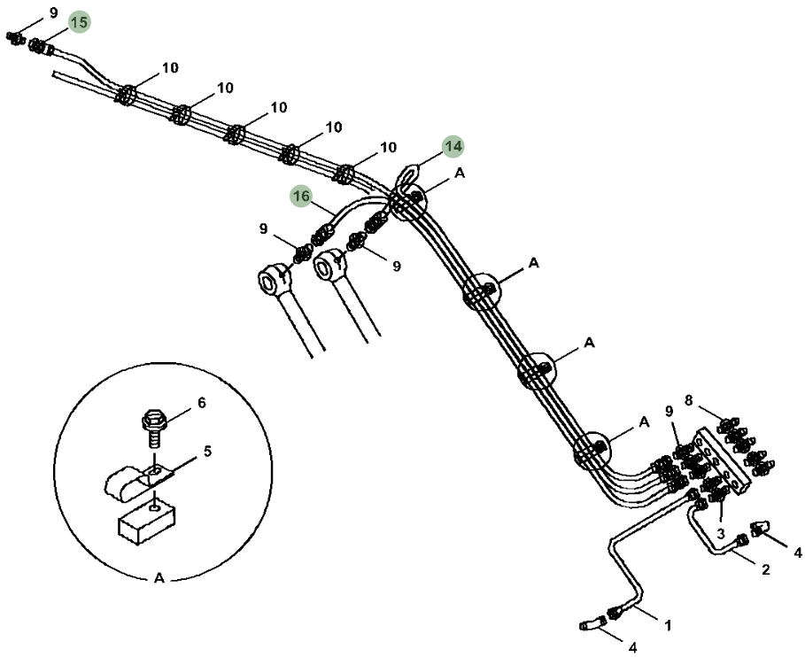 Hitachi ZX250LC-5N installation diagram showing hydraulic hose 4358894 at Pipe No. 16