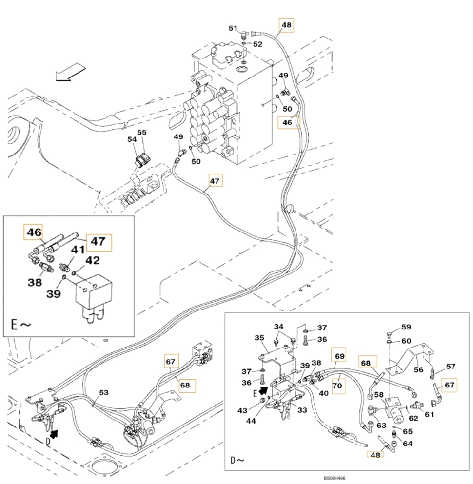 Case CX470B installation diagram showing hydraulic hose KHJ2086 at Pipe No. 67