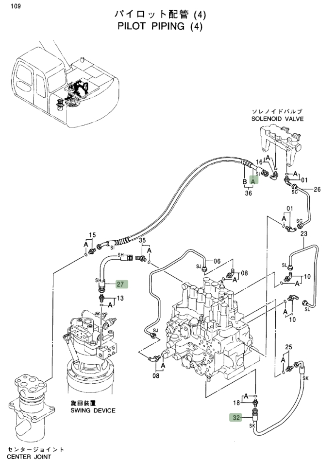 Hitachi EX120-5 installation diagram showing hydraulic hose 4312101 at Pipe No. 27
