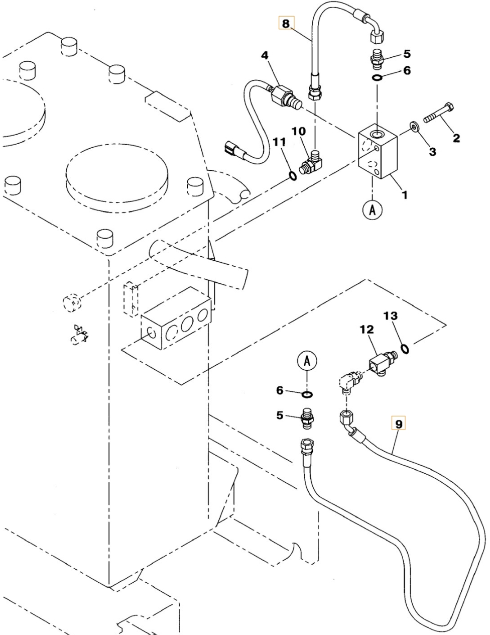 Case CX240B installation diagram showing hydraulic hose KHJ15120 at Pipe No. 9