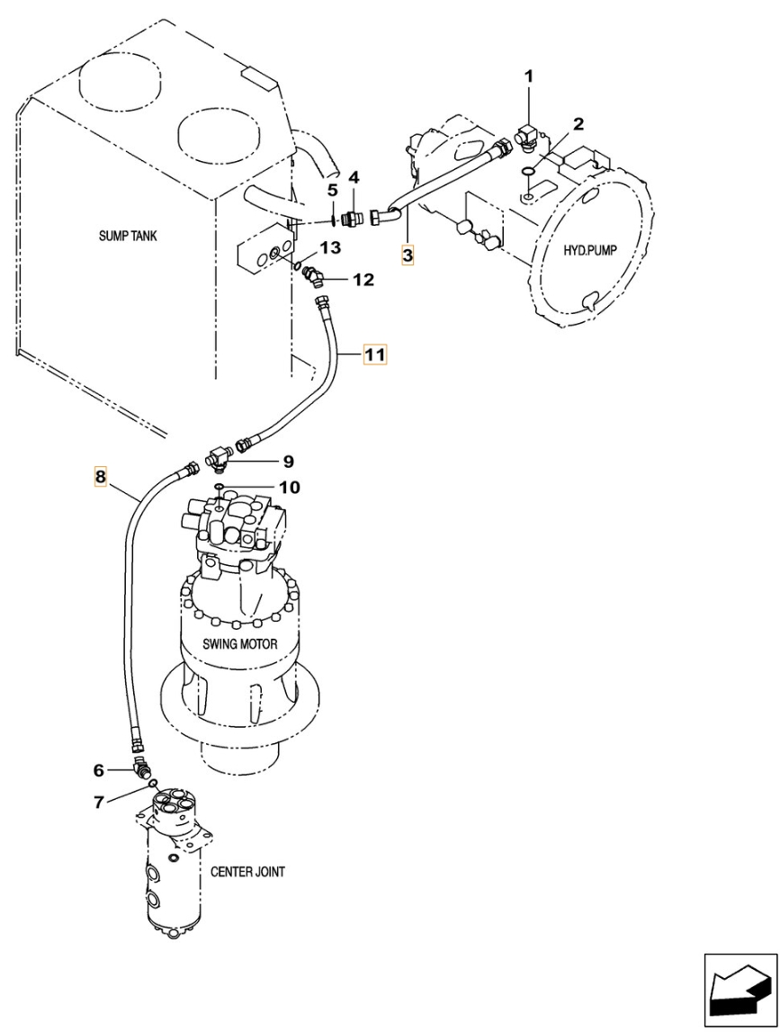 Case CX240C installation diagram showing hydraulic hose KAJ2420 at Pipe No. 3