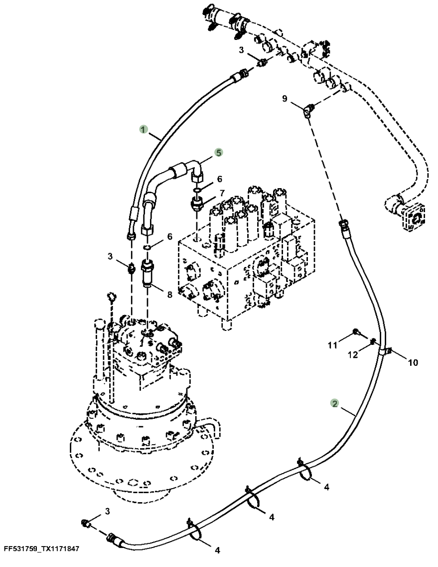 Hitachi ZX250LC-6N installation diagram showing hydraulic hose 4649732 at Pipe No. 1
