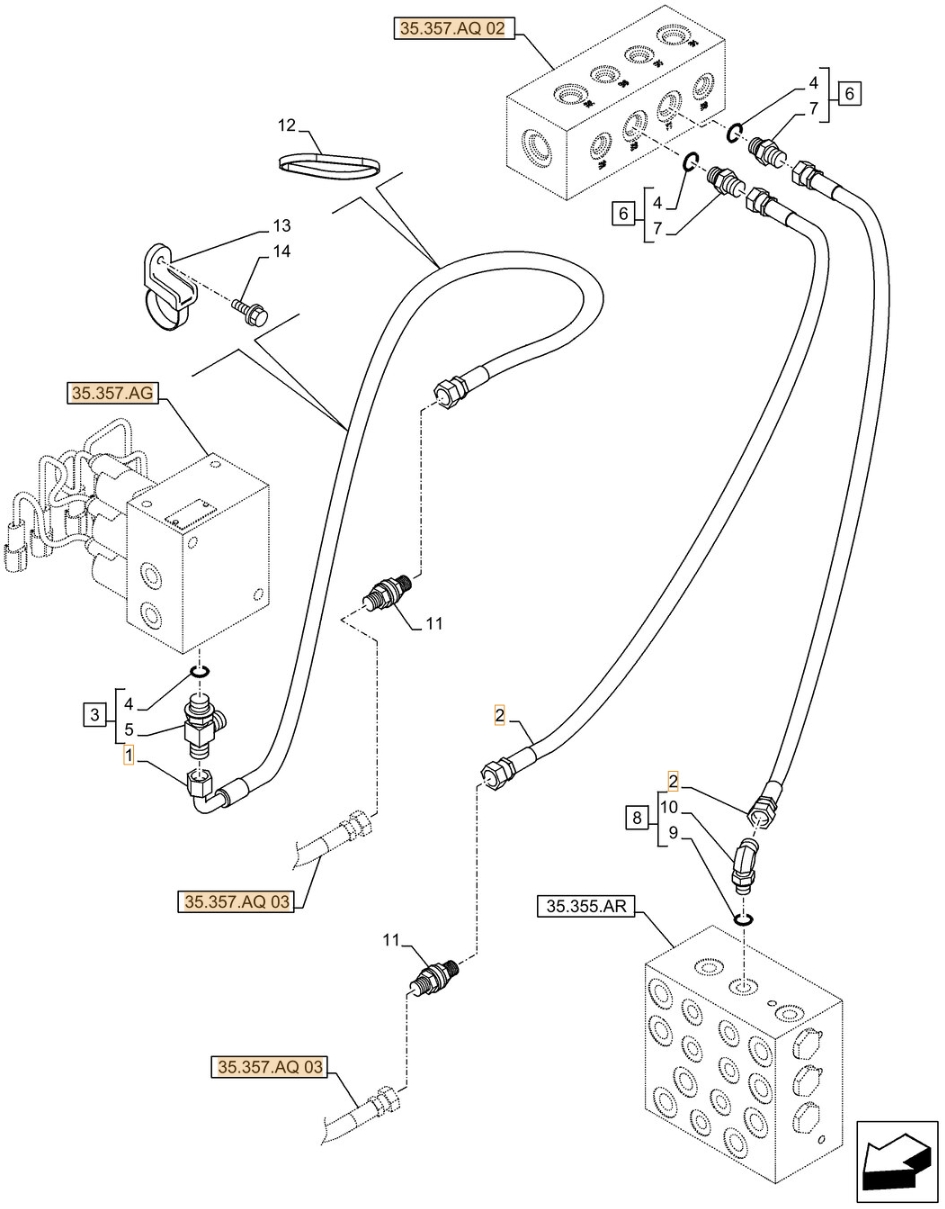 Case CX490D LC installation diagram showing hydraulic hose KHJ2318 at Pipe No. 2