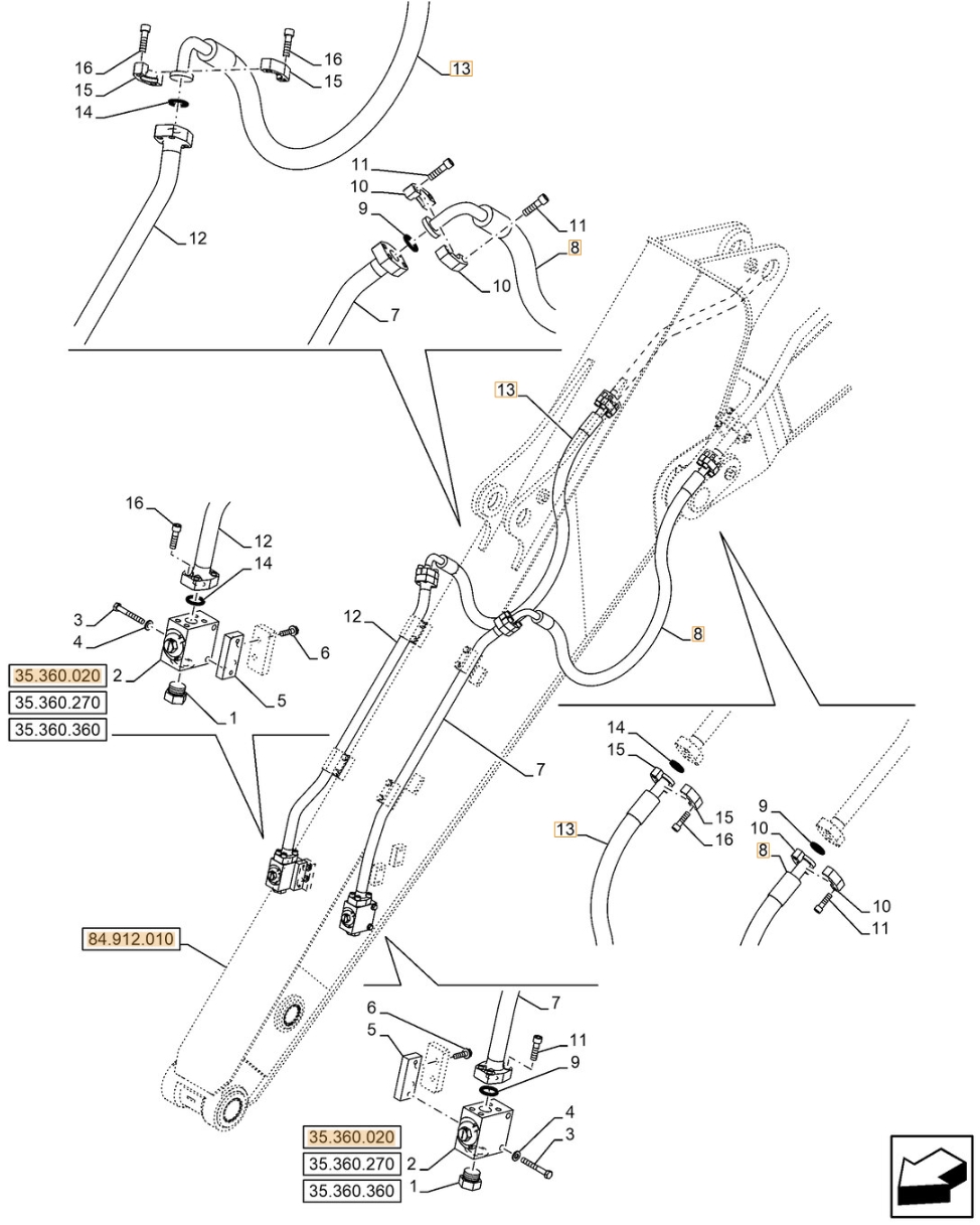 Case CX300E LC installation diagram showing hydraulic hose KBV16090 at Pipe No. 13