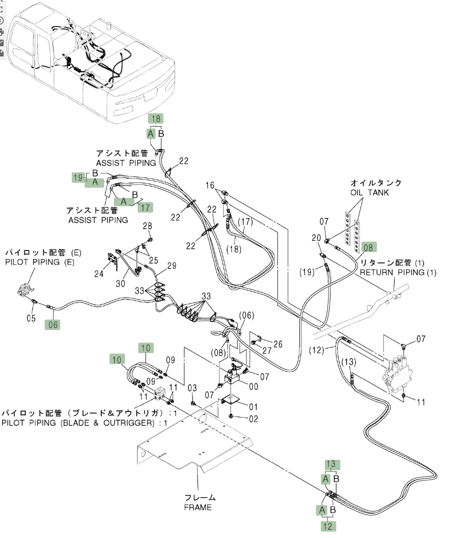 Hitachi ZX210W installation diagram showing hydraulic hose 4437634 at Pipe No. 8