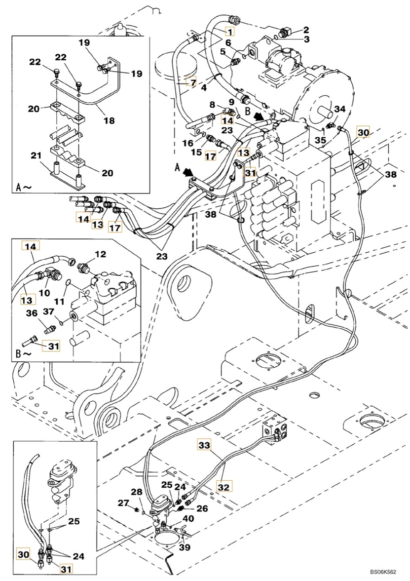 Case CX210B installation diagram showing hydraulic hose KHJ11500 at Pipe No. 31